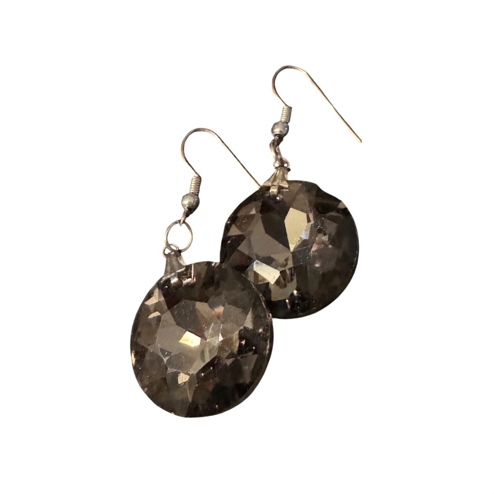 Smoky Grey Faceted Crystal Drop Earrings Silver Tone Round Dangle‎ Statement